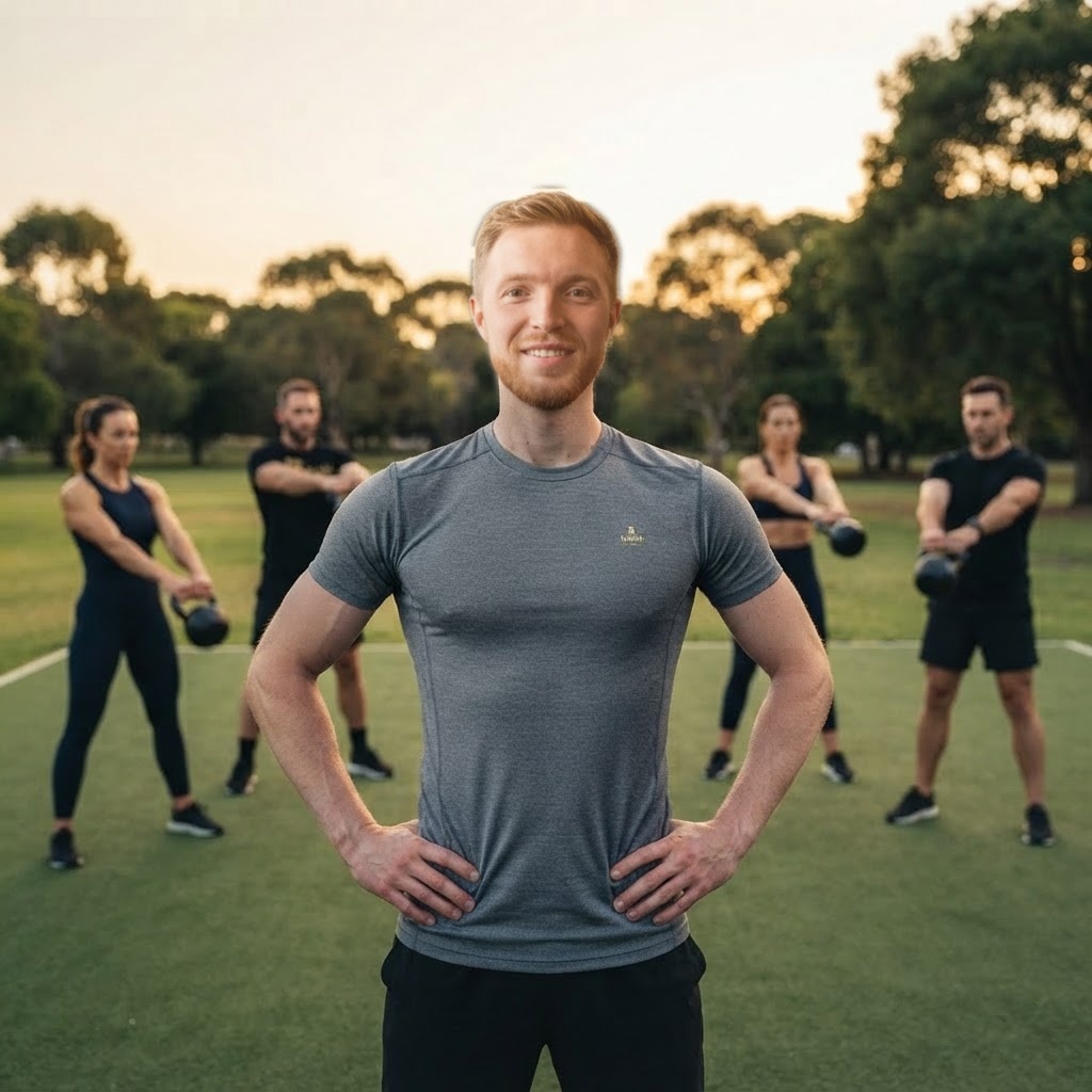 Group fitness class training together outdoors at dusk