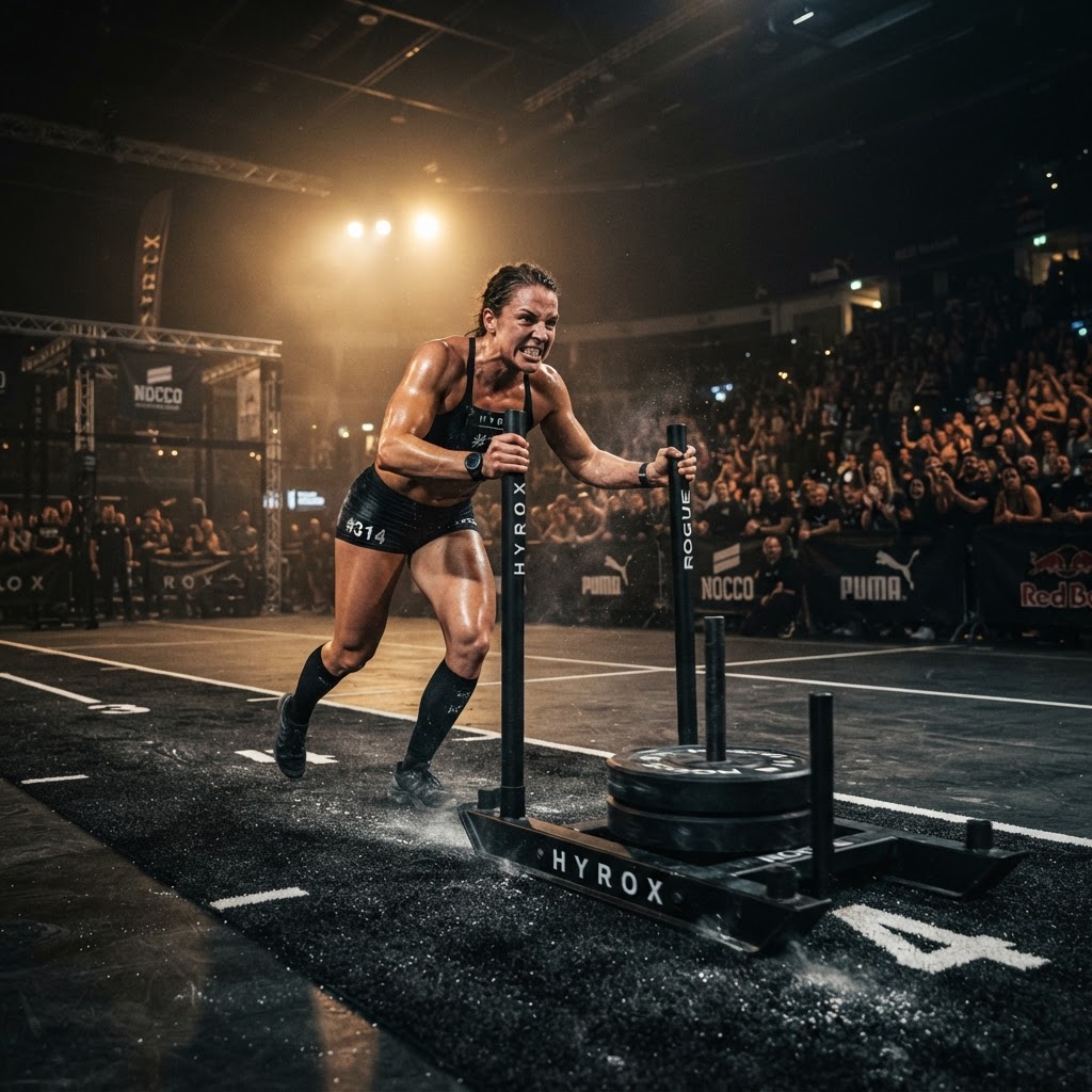 Athlete pushing a weighted sled across a dark indoor arena in a hybrid fitness race