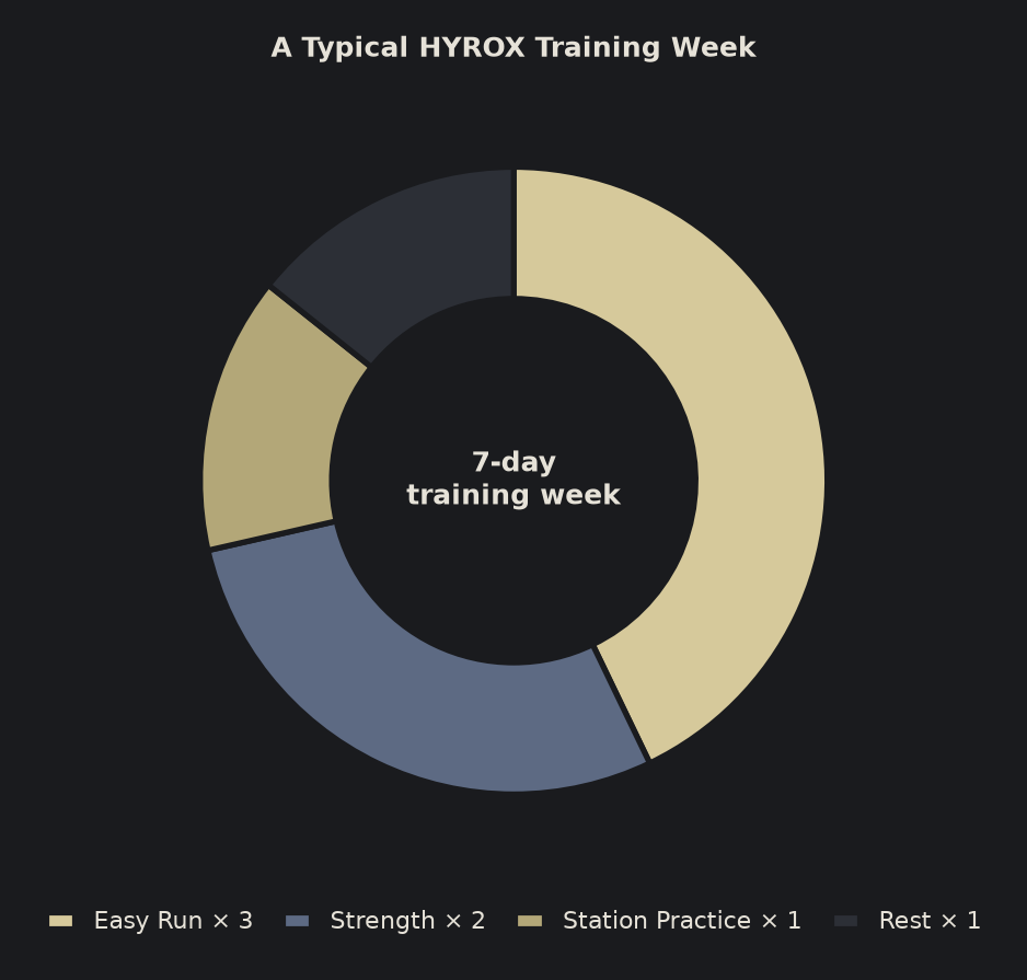 Donut chart of a sample HYROX training week with three easy runs, two strength sessions, one station practice and one rest day