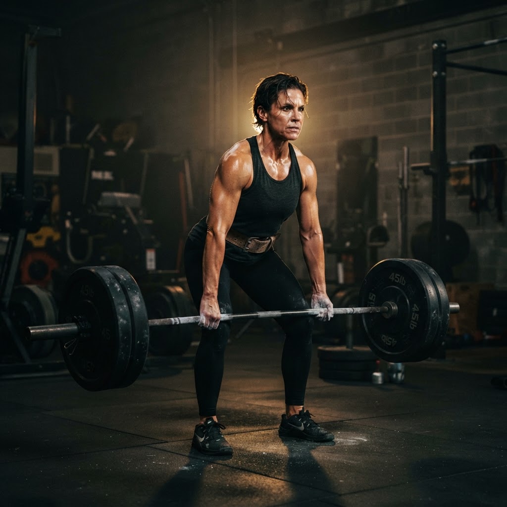 Athletic woman in her fifties performing a heavy barbell deadlift in a dark gym