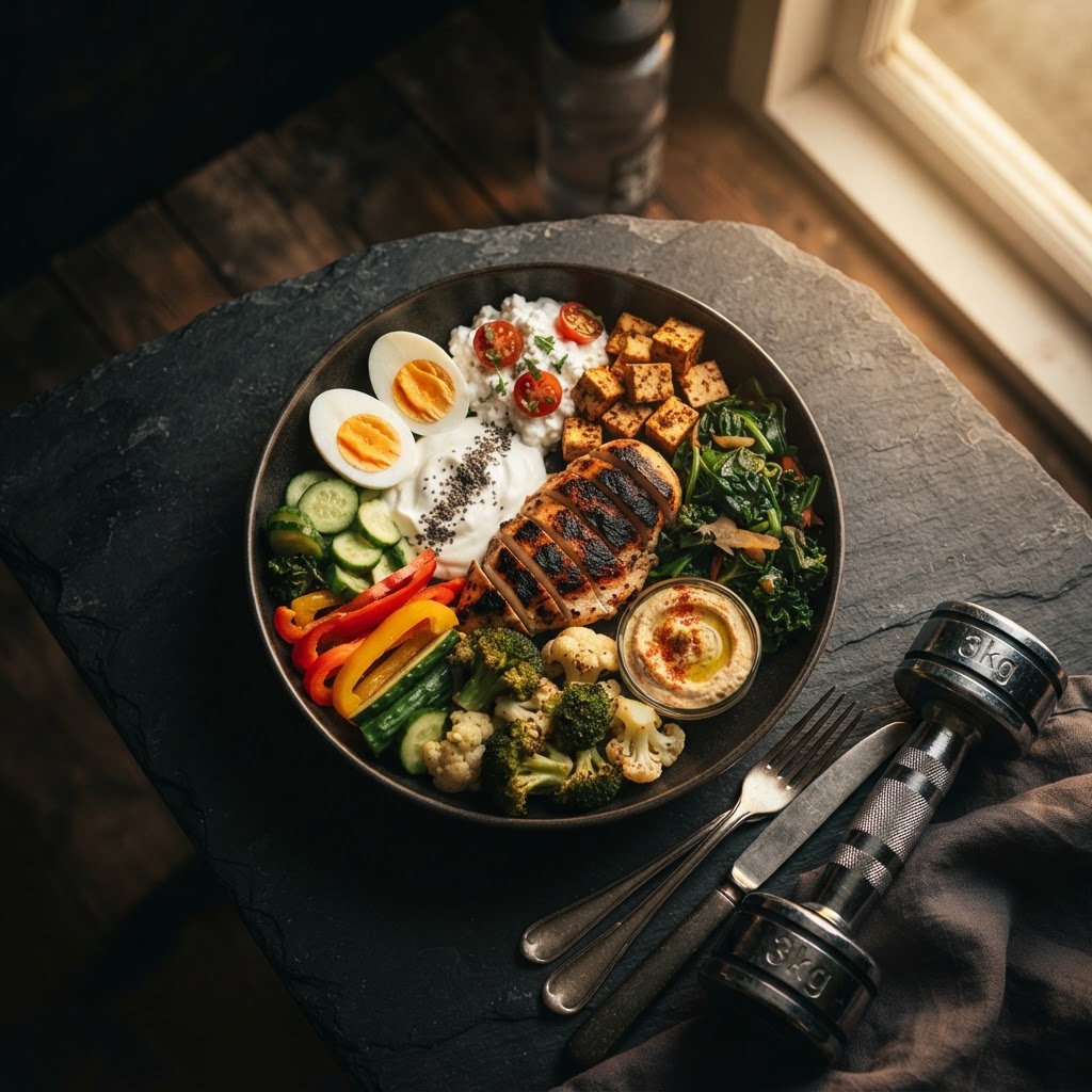 Overhead photo of a high protein meal with chicken, eggs, yogurt and vegetables beside a small dumbbell