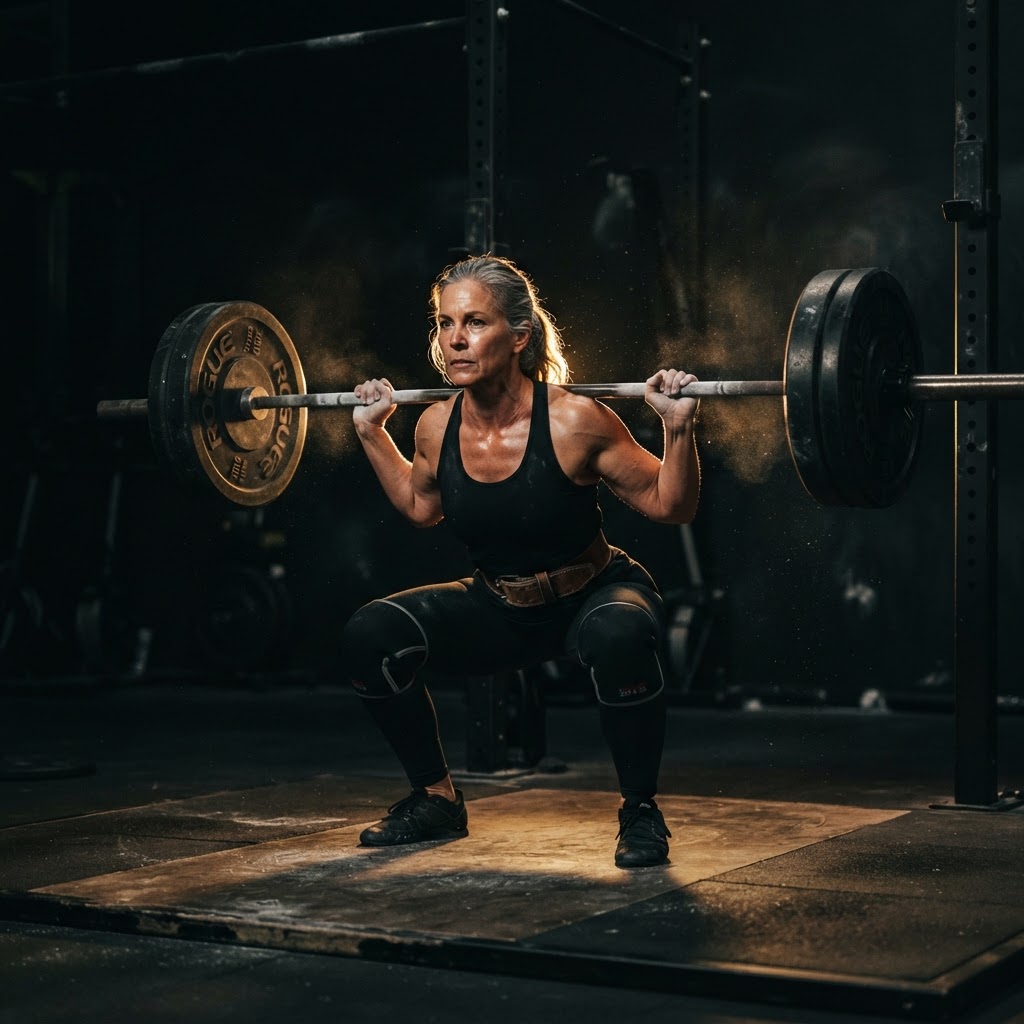 Person in their fifties performing a barbell back squat in a dark gym with golden rim lighting