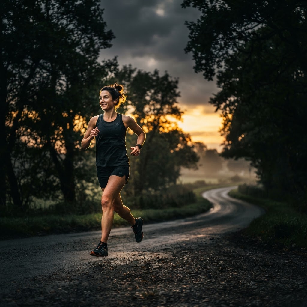 Runner mid-stride on a tree-lined road at dawn, relaxed conversational pace, golden sunrise